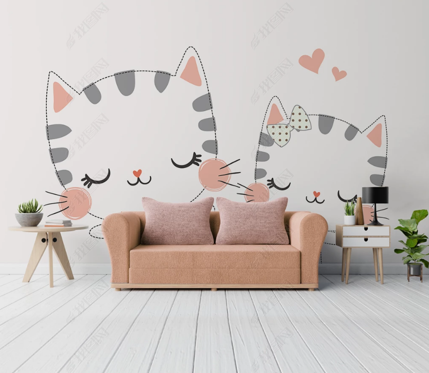 3D Cartoon Animal Cat Love Heart Wall Mural Wallpaper Lqh 64