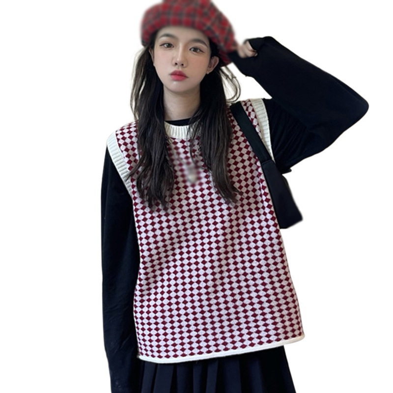 Y2K Oversized Vintage Vest For Women Autumn Winter Sweaters Sleeveless Checkered Waistcoat Lady Tops alx