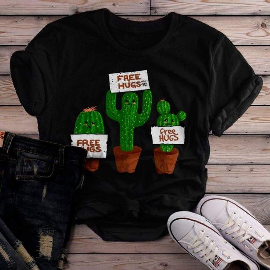 Women’s Funny Cactus T Shirt Free Hugs Shirt Hilarious Graphic Tee Bad Day Shirts