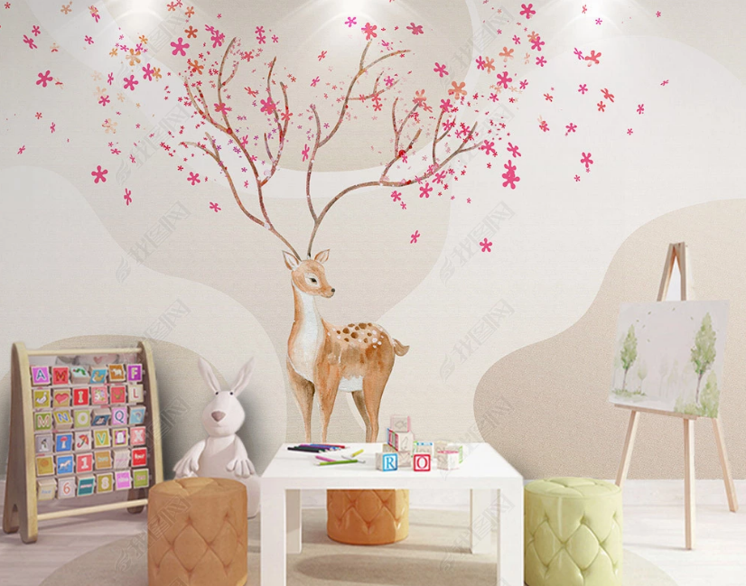 3D Hand Drawn Cartoon Watercolour Pink Floral Deer Animal Background Wall Mural Wallpaper Lxl