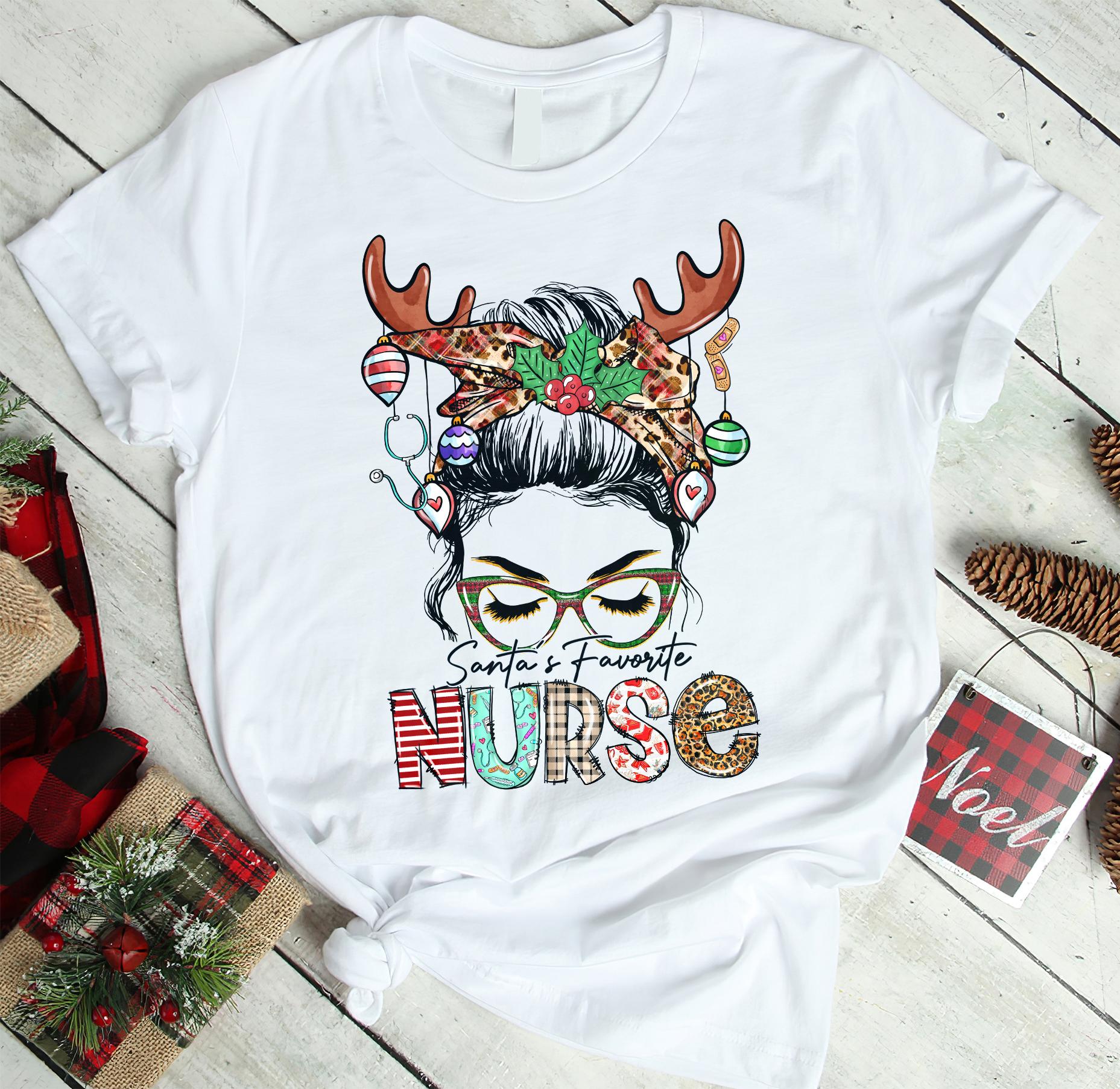 Classic Christmas T-Shirt For Nurse Santa’S Favorite Nurse Messy Bun Hair Leopard Red Buffalo Plaid Design