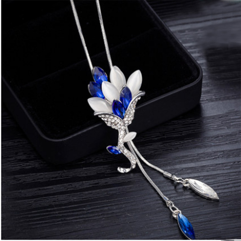 Snowflake Zircon Long Necklace Sweater Chain Fashion Crystal Flower Pearl Tassel Adjustable Pendant Necklace Jewelry for Women alx