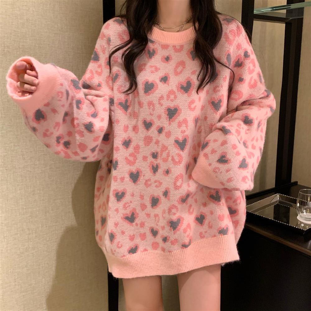 Women Pink Print Pullover Sweaters Clothing O-neck Gentle Glutinous Sueter Autumn Winter Lazy Student Sweet Knit Tops All-match alx