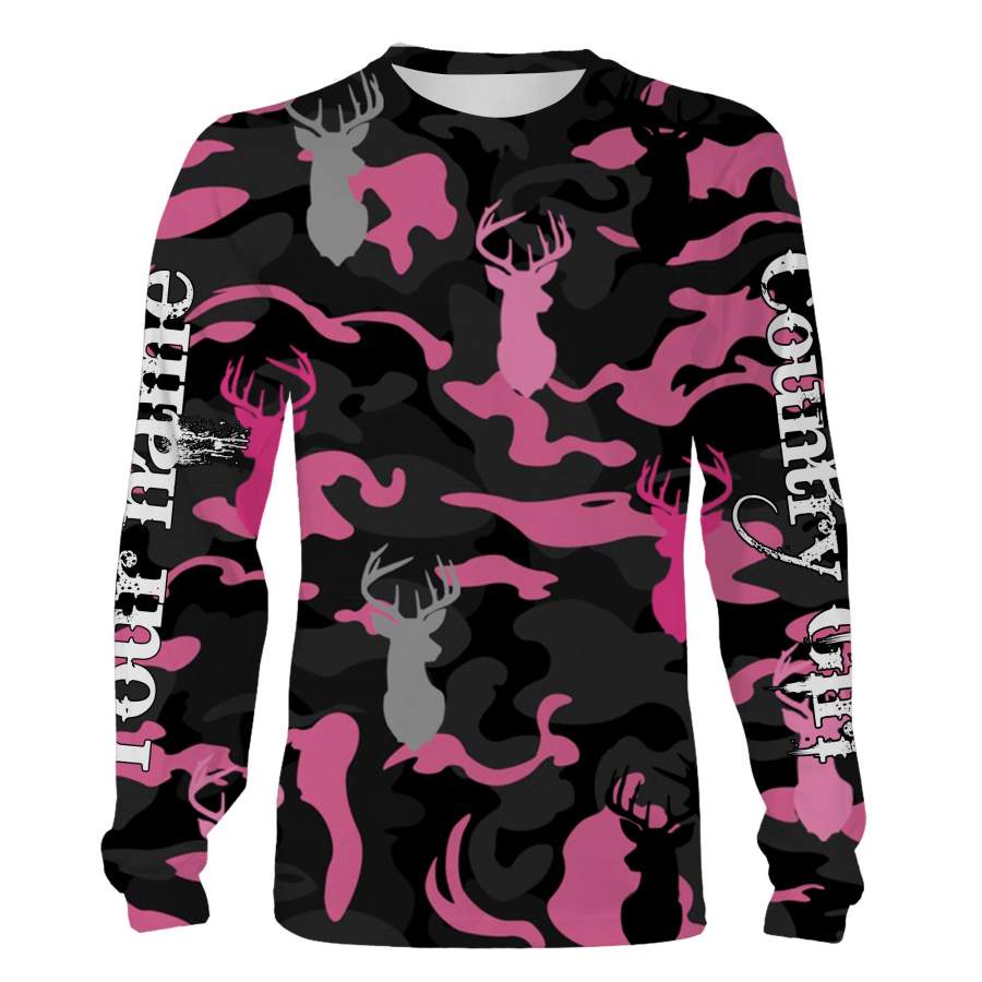 Country girl Deer gray and Pink camouflage Hoodie, Long sleeves, tank top, leggings custom Name 3D full printing FSD731