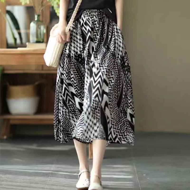 2022 Summer New Elegant Fashion All-match A-line Skirt Women High Waist Printed Aesthetic Chic Chiffon Drape Pleated Lady Skirt alx