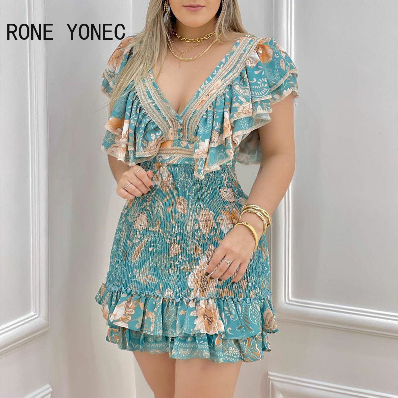 Women Chic Deep V Neck Butterfly Sleeves A Line Button Disty Floral Print Ruffle Hem Folds Mini Dress alx