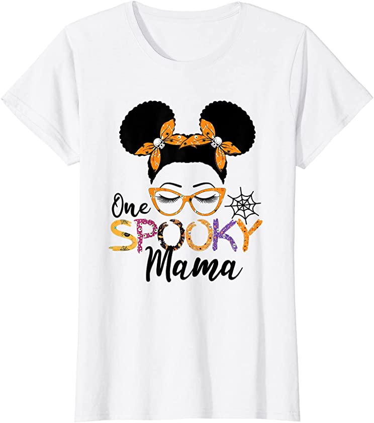 Womens One spooky mom Halloween messy bun hair skull black girls T-Shirt