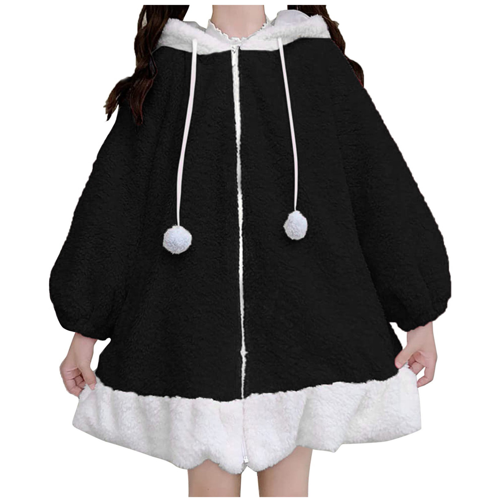 Bunny Ear Hoodie Women Kawaii Casual Solid Color Sweatshirt Loose Fluffy Rabbit Long Sleeves Cute Zip Up Hoodie Jacket Coat alx