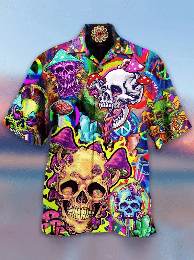 Waybackapparel Skull Colorful Printed Casual Abstract Hippie Style 3D Hawaiian Shirt