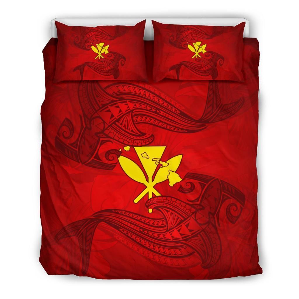 Alohawaii Bedding Set – Cover And Pillow Cases Hawaiian Map Kanaka Hammerhead Shark Polynesian Red – Ah – J7