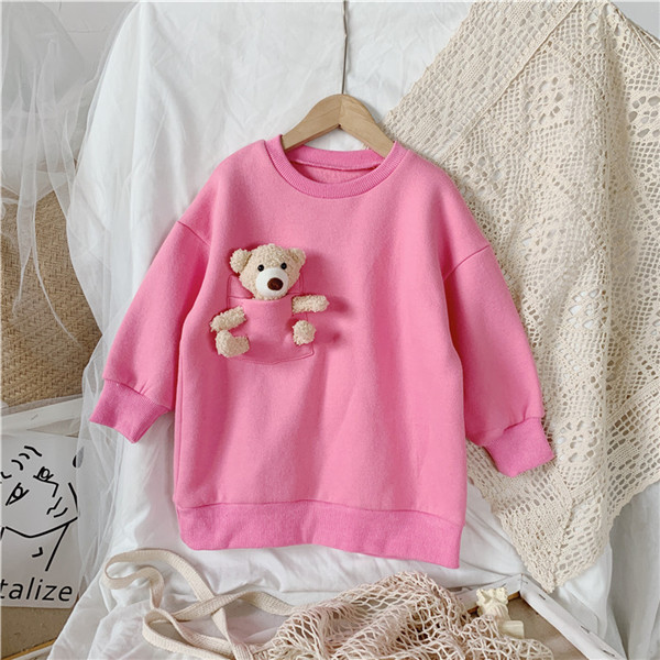 Blotona Cute Little Girl’s Cartoon Bear Patchwork Sweatshirt Autumn and Winter Long-sleeved Fleece Pullover Sweater 1-8Y alx