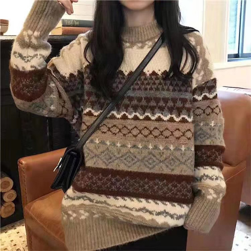 Vintage Oversized Knitted Pullover Women's Sweater Y2k Geometric O-Neck Loose Sweaters Female 2021 Autumn Lady Knitwear Jumpers alx