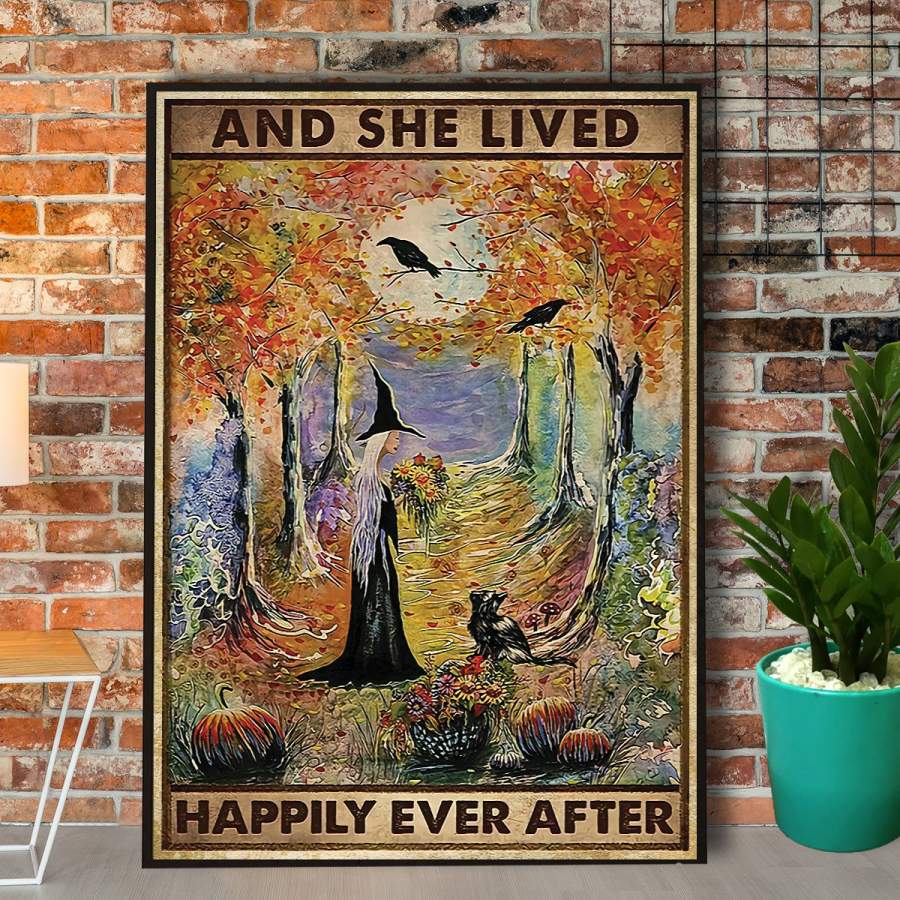 Halloween witch black cat and she lived happily ever after poster no frame/ wrapped canvas full size