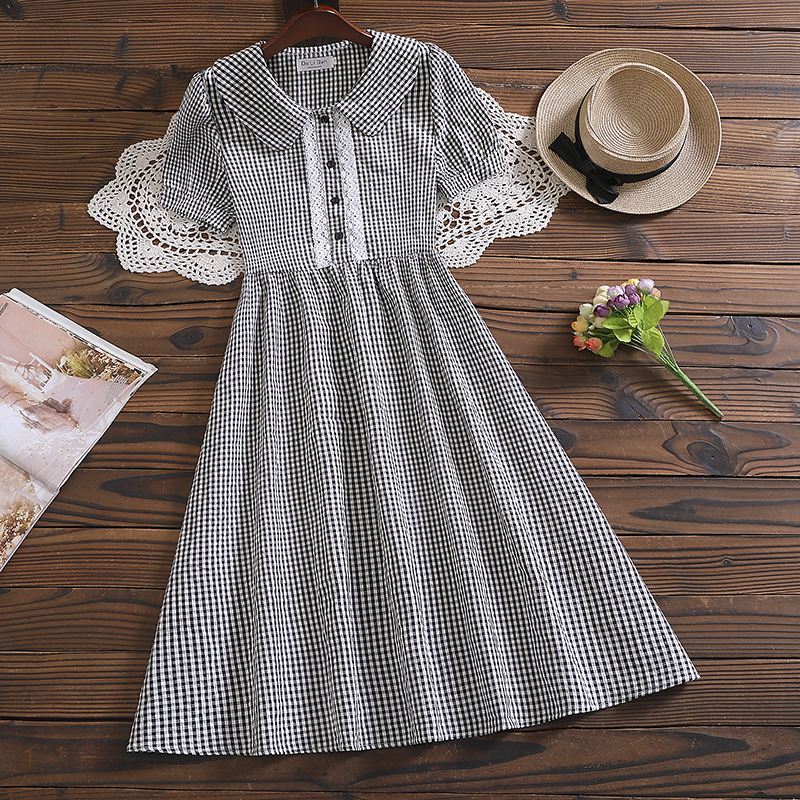 Summer fashion mori girl sweet dress Japanese style short sleeve plaid dress alx