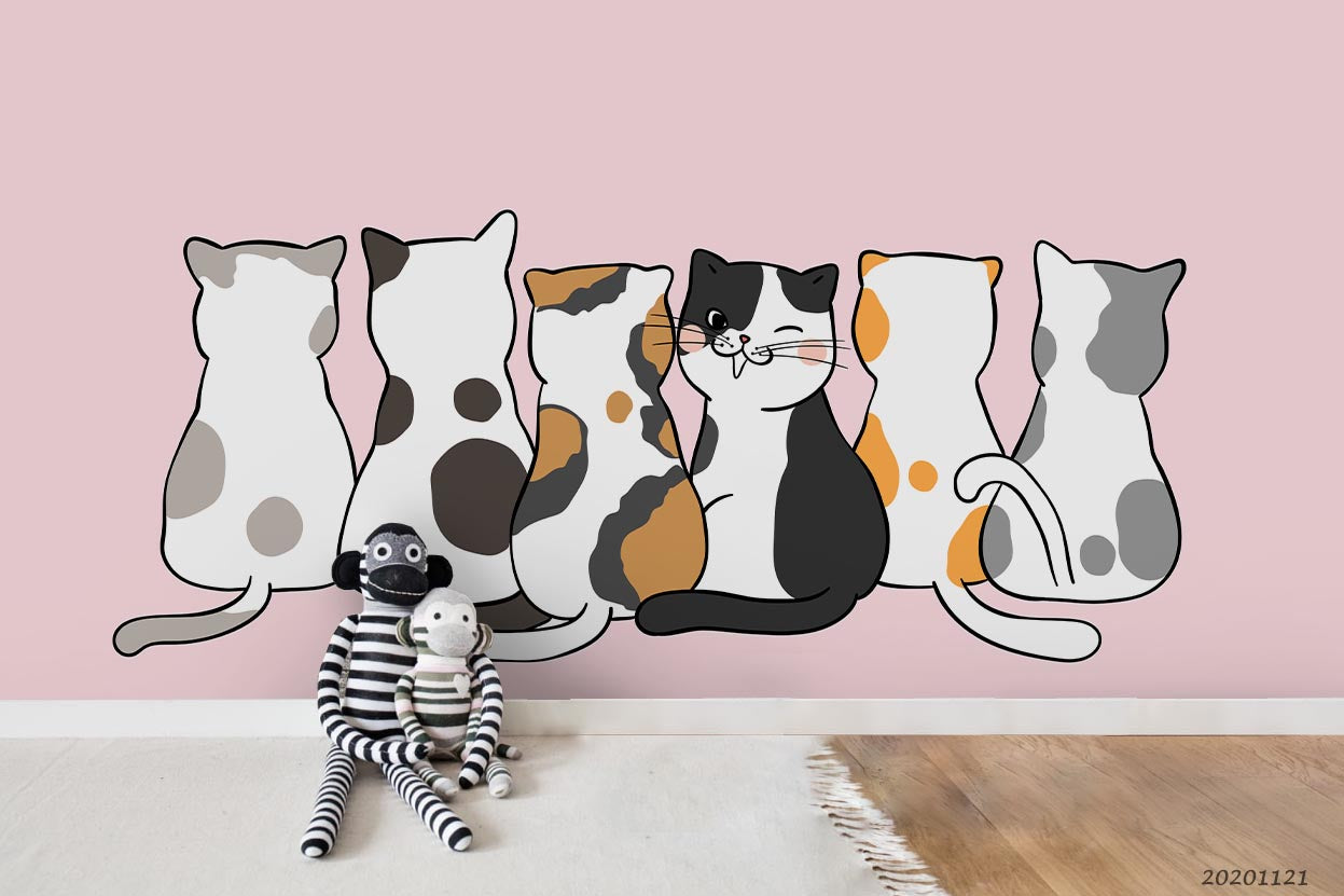 3D Cartoon Hand Drawn Colorful Cat Animal Pattern Pink Wall Mural Wallpaper Lxl