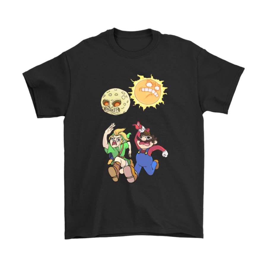 Angry Sun And Moon Link And Mario Run Away Shirts