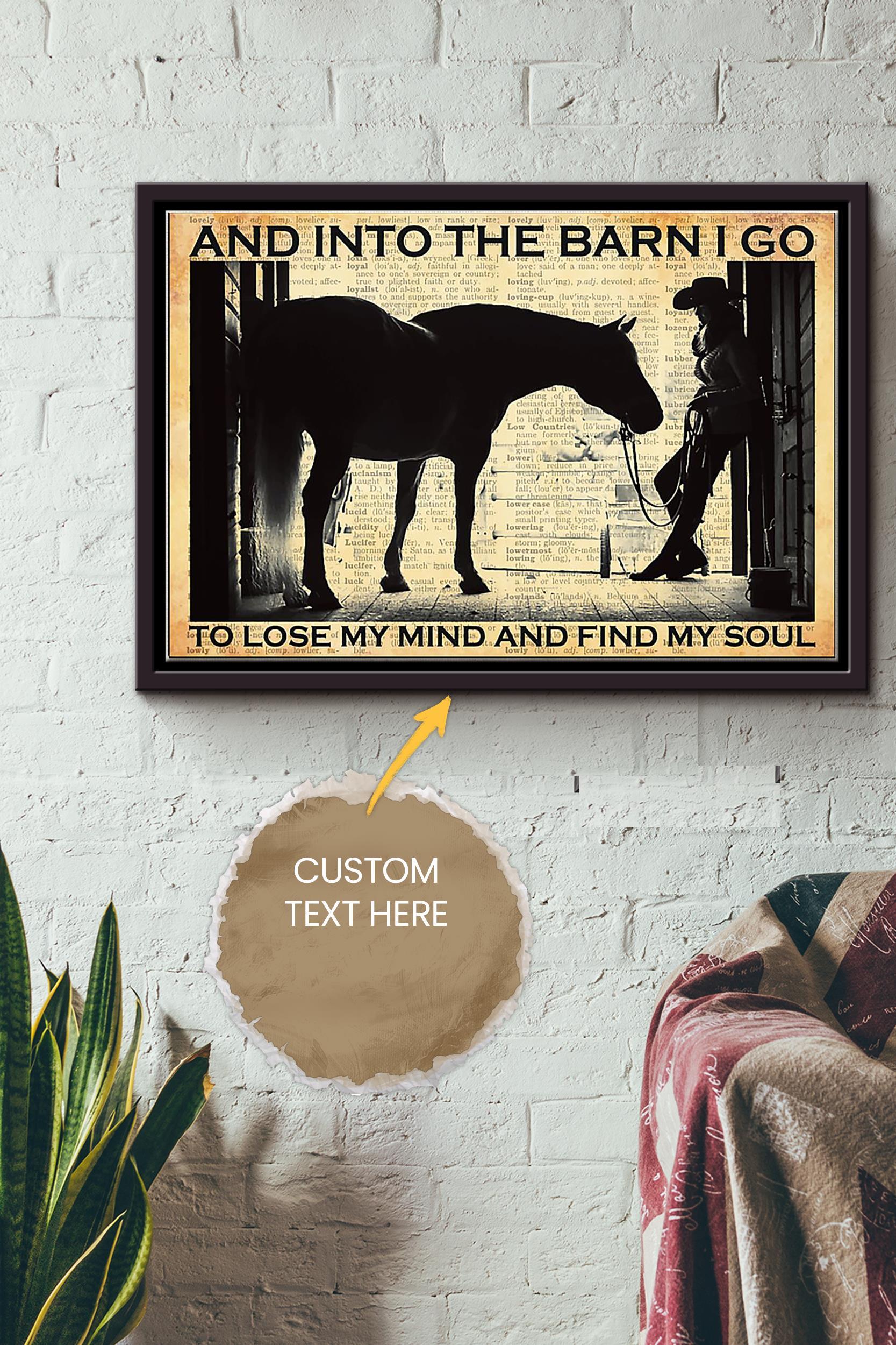 And Into The Barn Cowgirl Poster – Animal Wall Art – Gift For Horse Lover Horse Rider Cowboy Farmhouse Decor Framed Matte Canvas