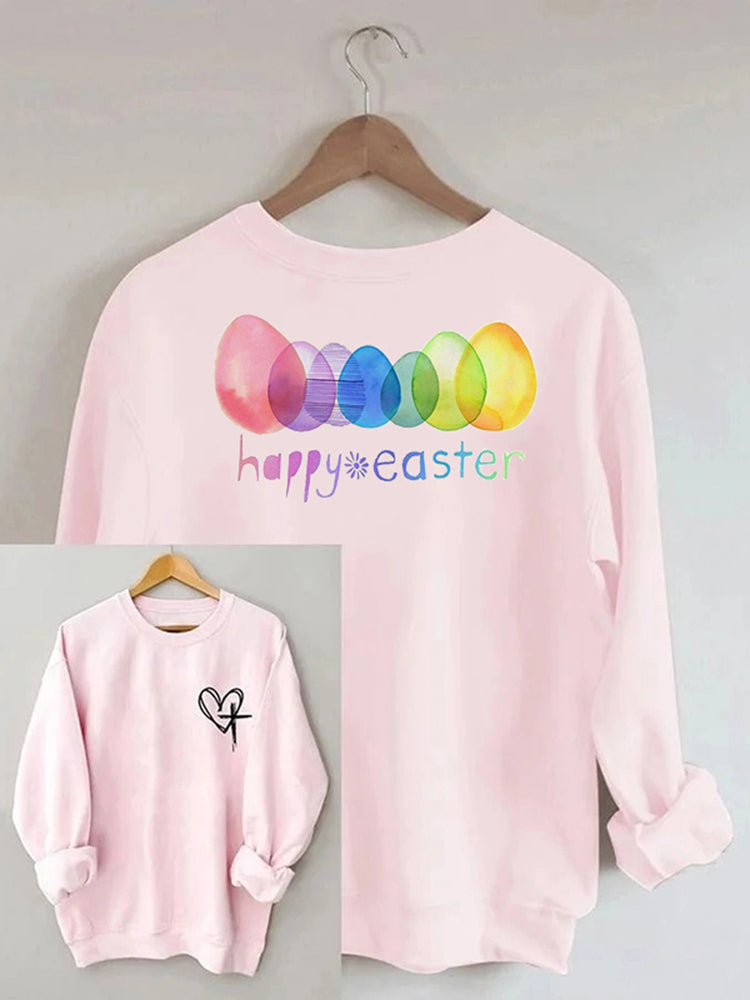 Happy Easter Eggs Print Round Neck Long Sleeve Sweatshirt