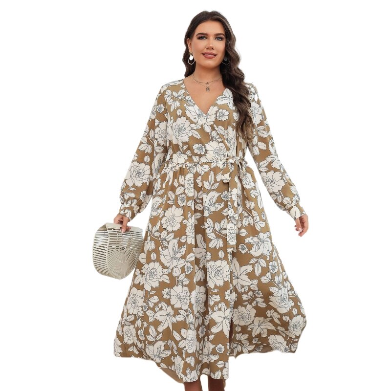 896E Floral Print Long Maxi Dress Women Elegant Casual Long Sleeve Dress Plus Size alx