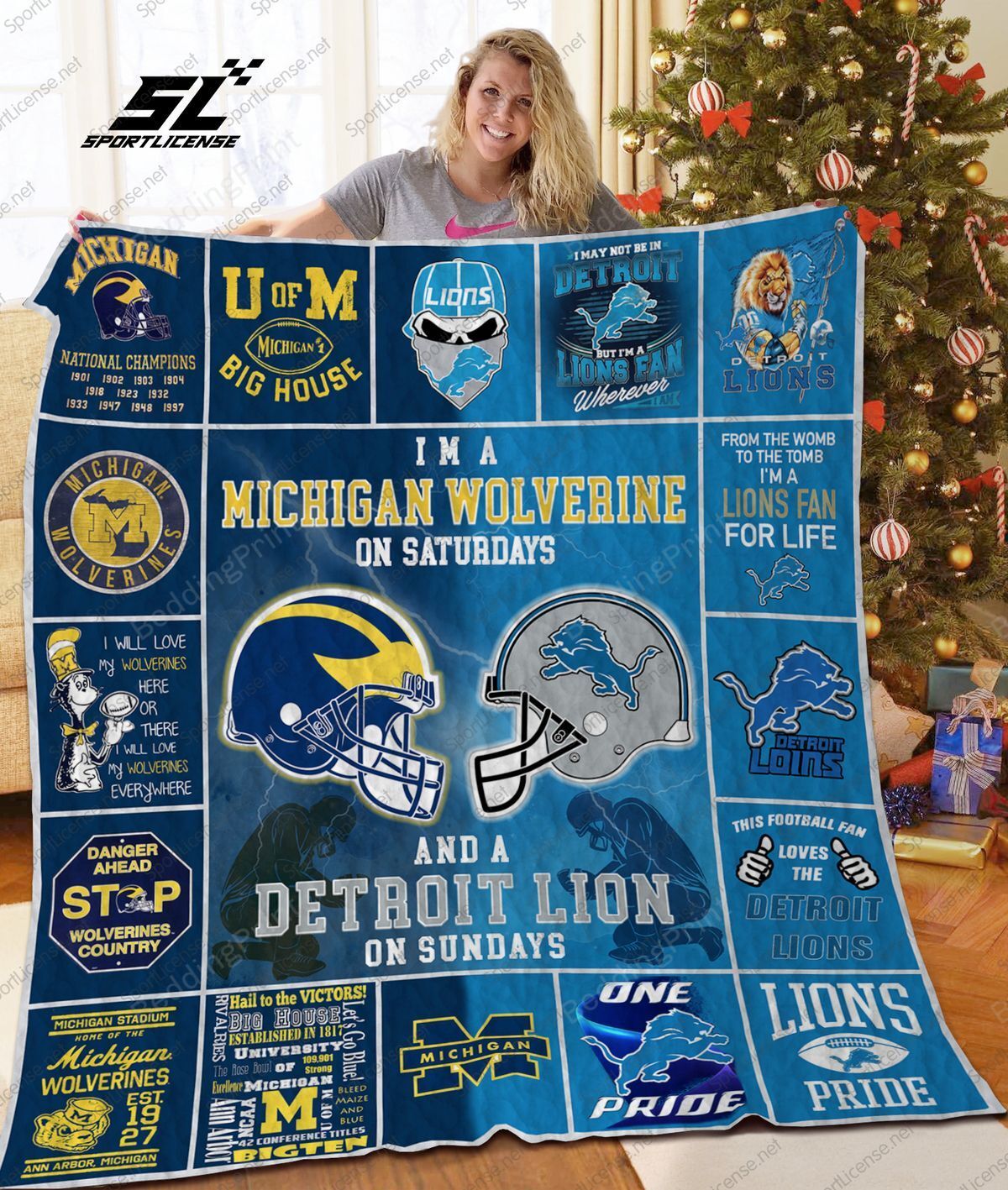 Michigan Wolverines & Detroit Lions Quilt Blanket