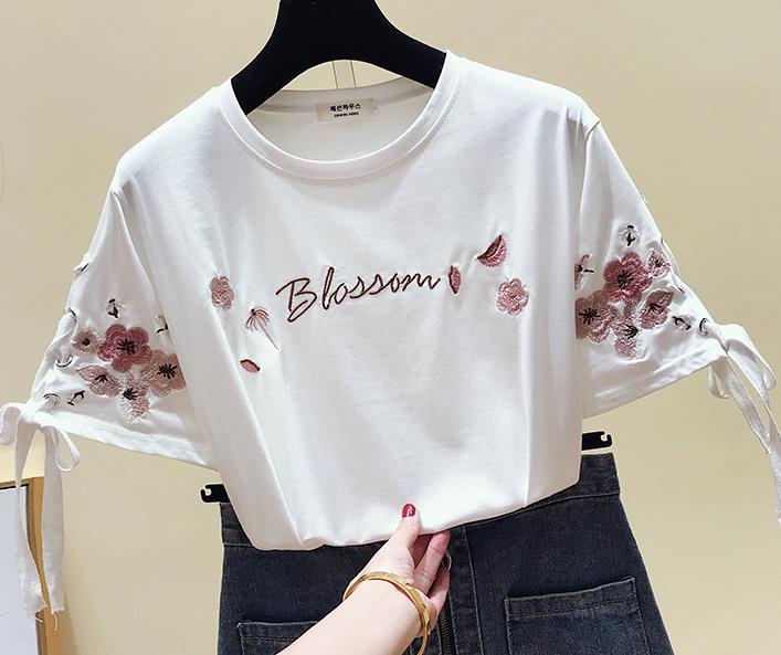 2021 New Summer Floral Tops Tees Woman Funny Letter Embroidery T Shirt Women Black White O-Neck Cotton T-Shirt Femme alx