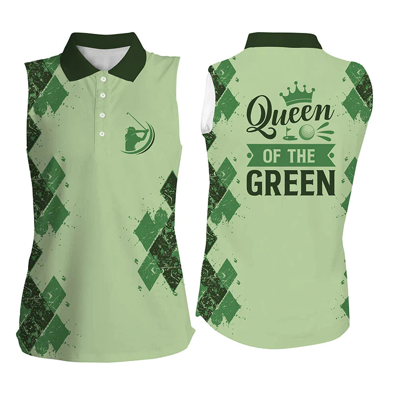 Green Womens Sleeveless Polo Shirts Queen Of The Green Funny Golf Shirt, Gift For Golf Lovers