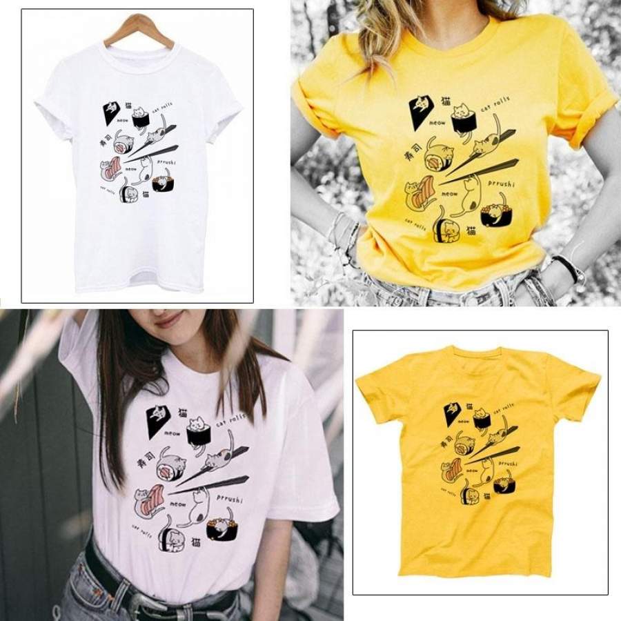 Street Wear Cute Cat and Japanese Sushi Printing Cotton Casual Tumblr O-Neck T-Shirt