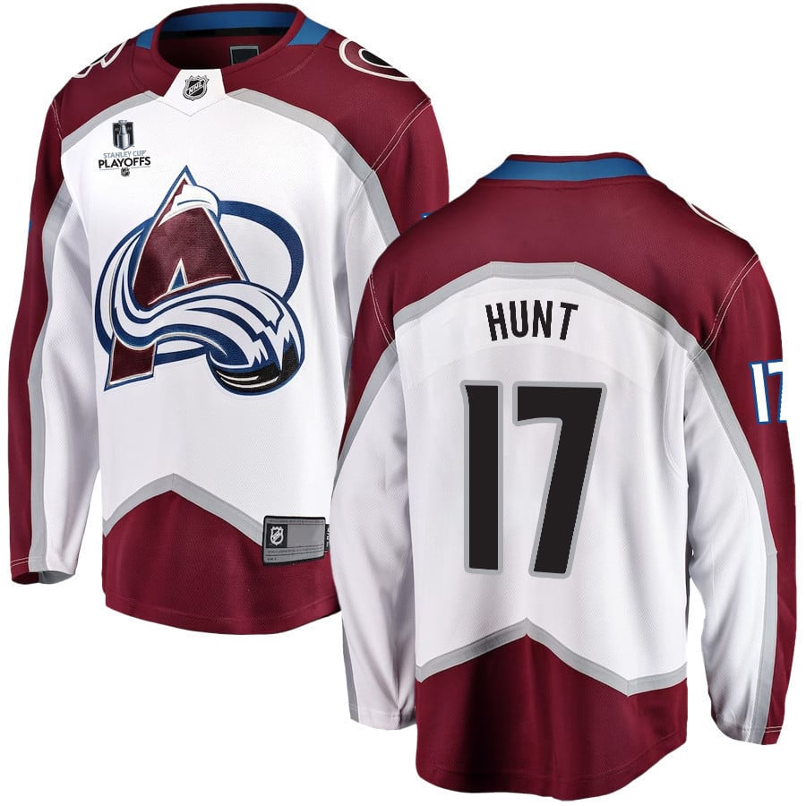 Brad Hunt 17 Colorado Avalanche Stanley Cup 2023 Playoffs Patch Away Breakaway Men Jersey – White