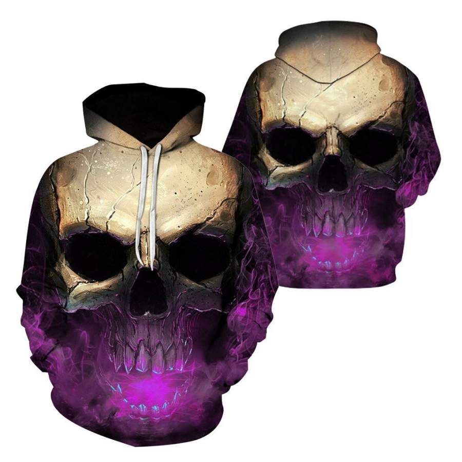 3D Effect Skull Print Pullover Hoodie Purple HC0602