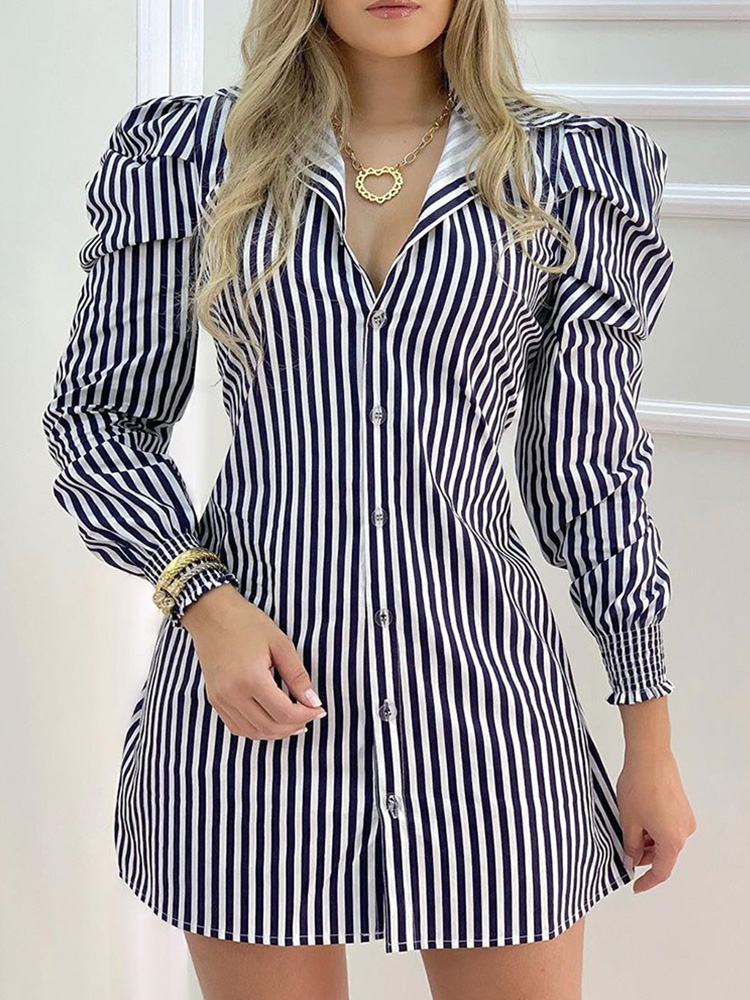 Striped Button Design Puffed Sleeve Shirt Dress Women Casual Work Dress alx