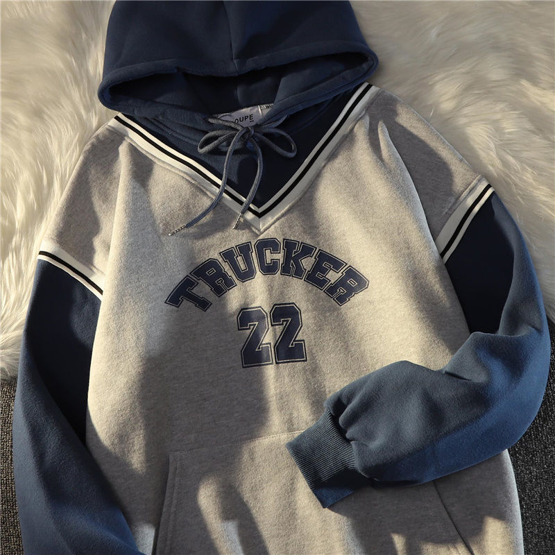 Spring and autumn 2022 new sports style fake two-piece hooded sweater female student Korean version loose long sleeved top alx