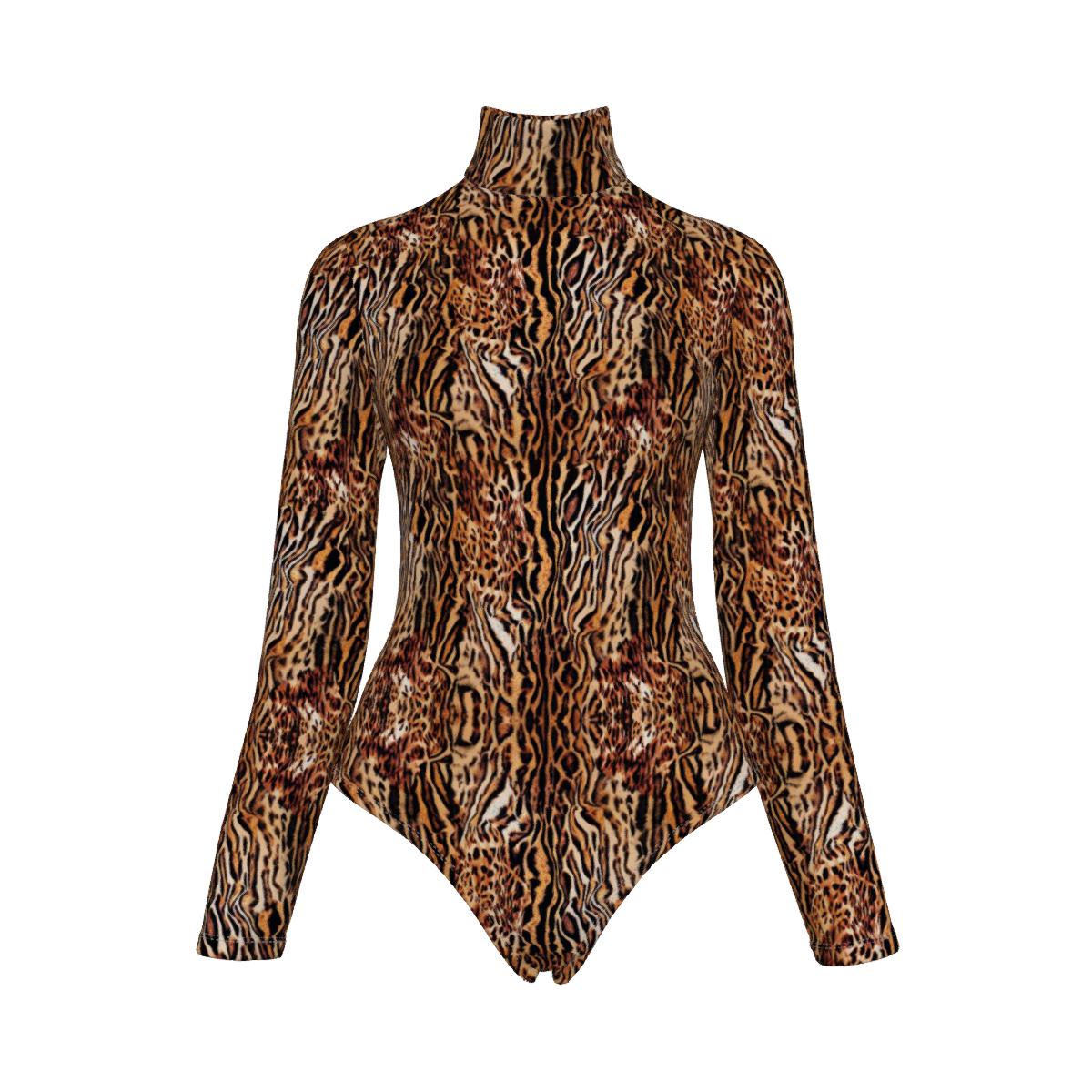 Tiger Leopard Animal Print Women’S Turtleneck Long Sleeve Bodysuit