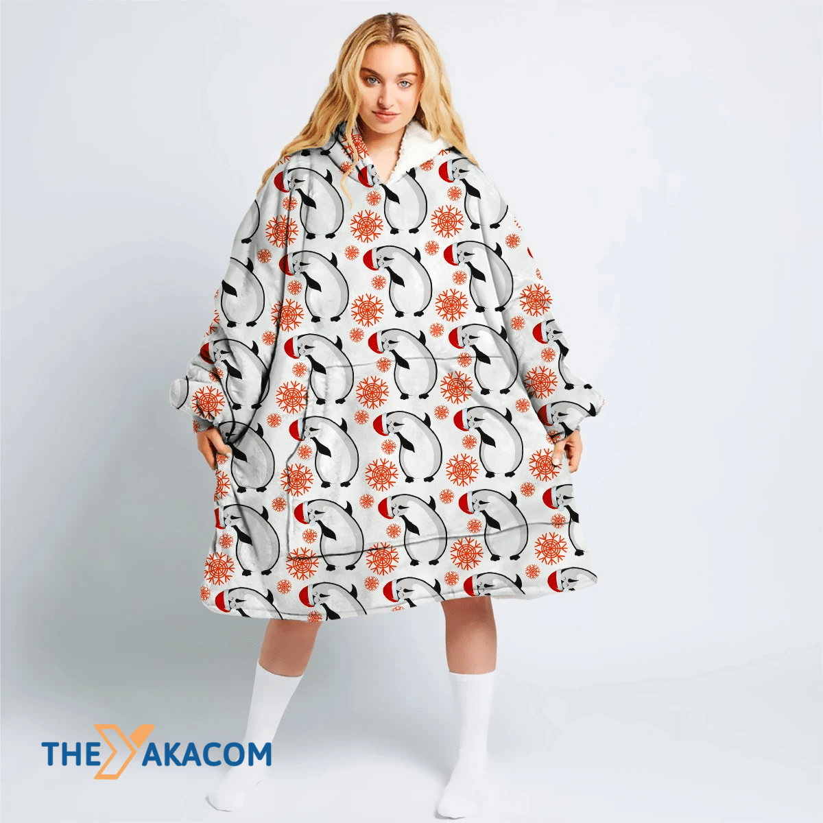 Theme Christmas Penguins With Falling Snowflakes Hoodie Blanket