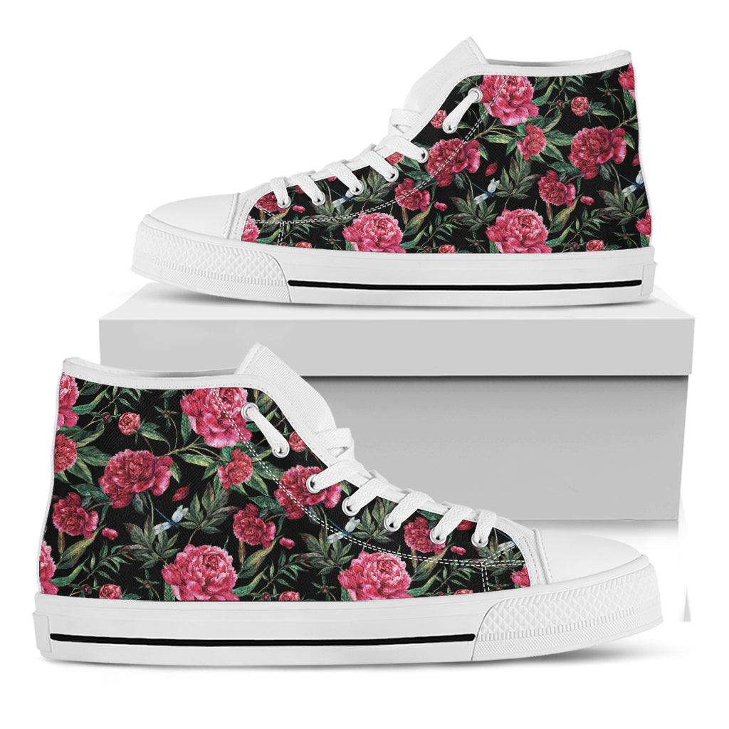 Watercolor Peony Pattern Print White High Top Shoes