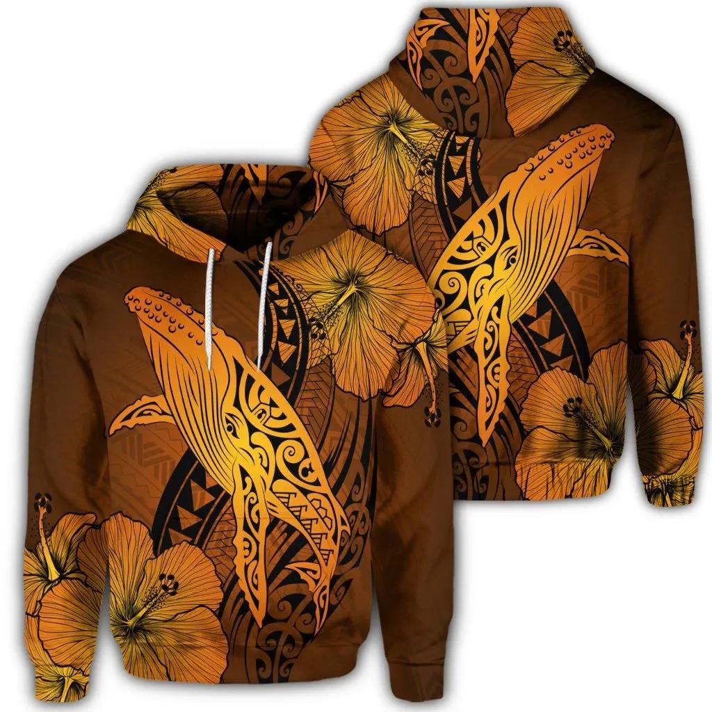 Alohawaii Hoodie – Hawaiian Map Whale Swim Hibiscus Polynesian Hoodie – Orange – Ah – J6R