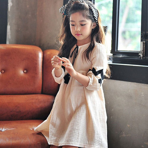 Autumn Baby Girls Dress Loose Cotton Linen Lantern Sleeve Dresses Bow Casual Teens Kids Princess Clothes suit for the new year alx