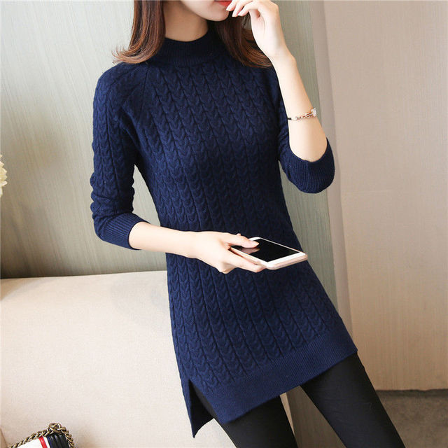 Autumn Winter Women Sweater Pullover New Solid color Mid Long Knitted Sweater Bottoming Shirt Slim Large Size Female Tops AH125 alx