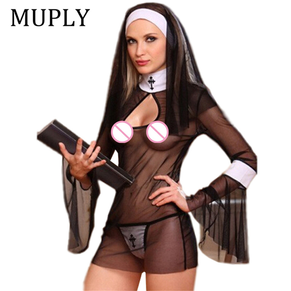 2022 New Sexy Costume Women Cosplay Nuns Uniform Transparent Sexy Lingerie Exotic Nun Halloween Costumes Dress Outfit Clothing alx