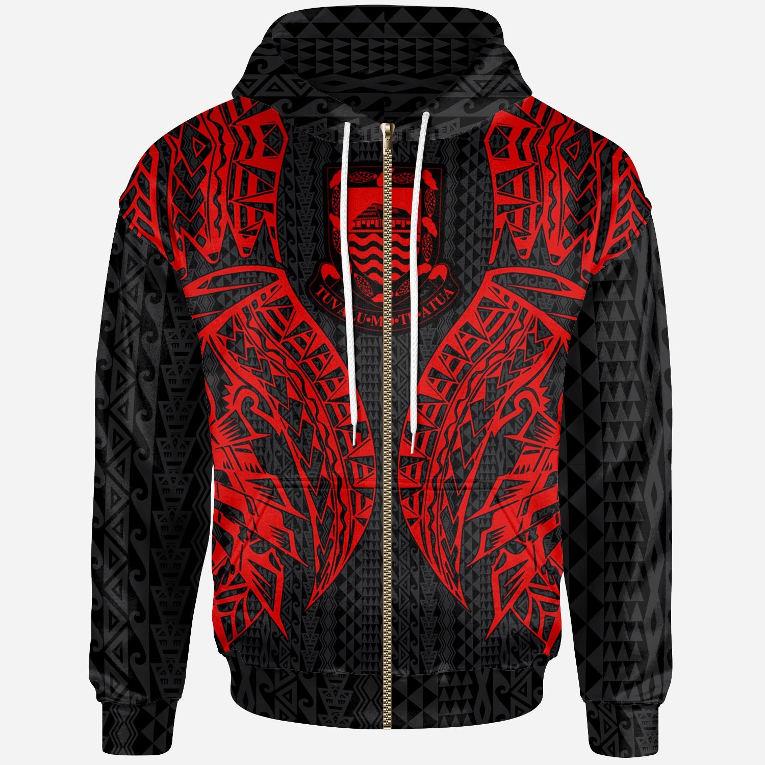 Tuvalu Zip-Up Hoodie – Polynesian Lion Head Red Style – Pacific Print Hoodie