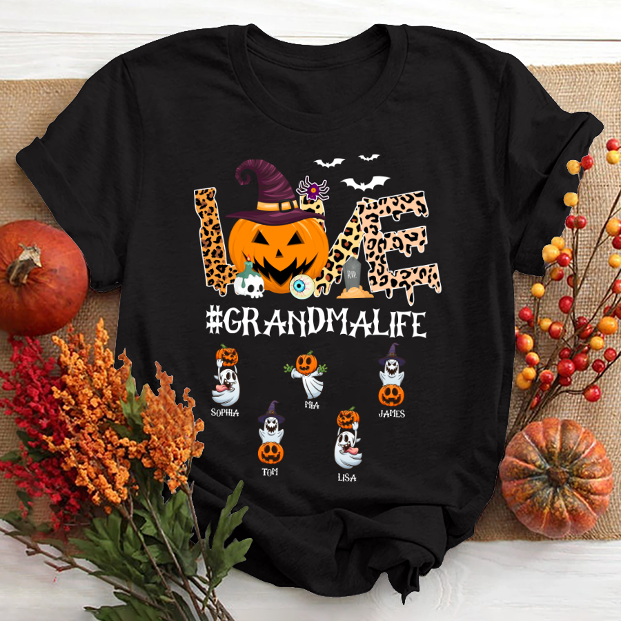 Personalized Love Grandma Life Shirt, Spooky Grandma Gift, Pumpkin Witch, Halloween Gift, Custom Names