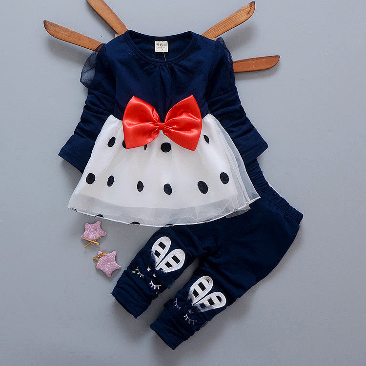 Baby Girls Dress Rabbit Pant 2017 Autumn Flower Dots  Bow Dresses For Girls Long Sleeve Clothes For Children Newborn Clothingset