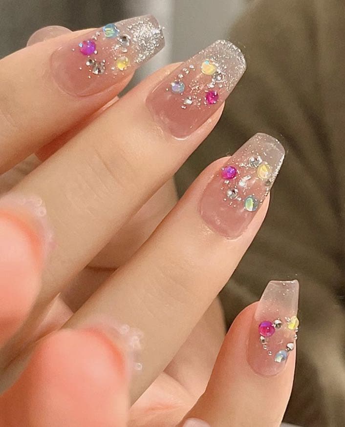 Glitter Cat Eye with Mermaid Bubbles Press On Nails/ Macaron Pink/ Yellow/Blue Rhinestones Nails/ Cute Nails/ Glitter Nails #343