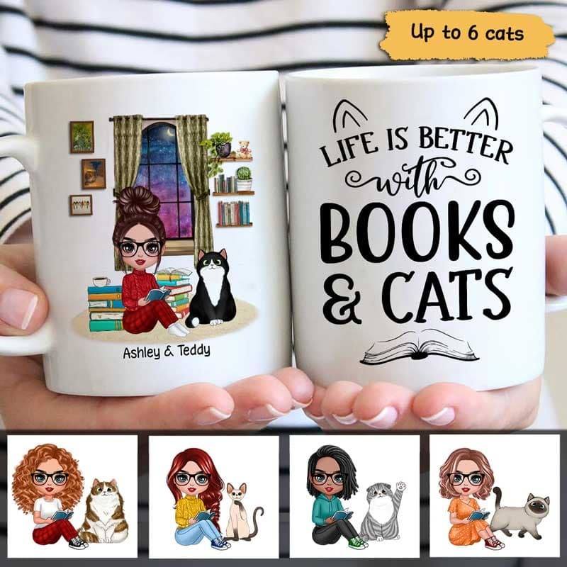 Life Is Better With Books And Cats Personalized Mug