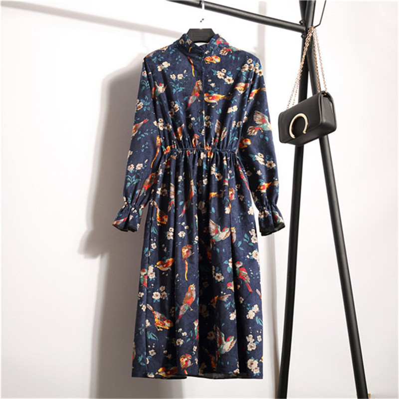 2022 Vintage High Waist Corduroy Dress Casual Women Full Sleeve Flower Print Midi Dresses Autumn Retro Party Dress Vestidos alx