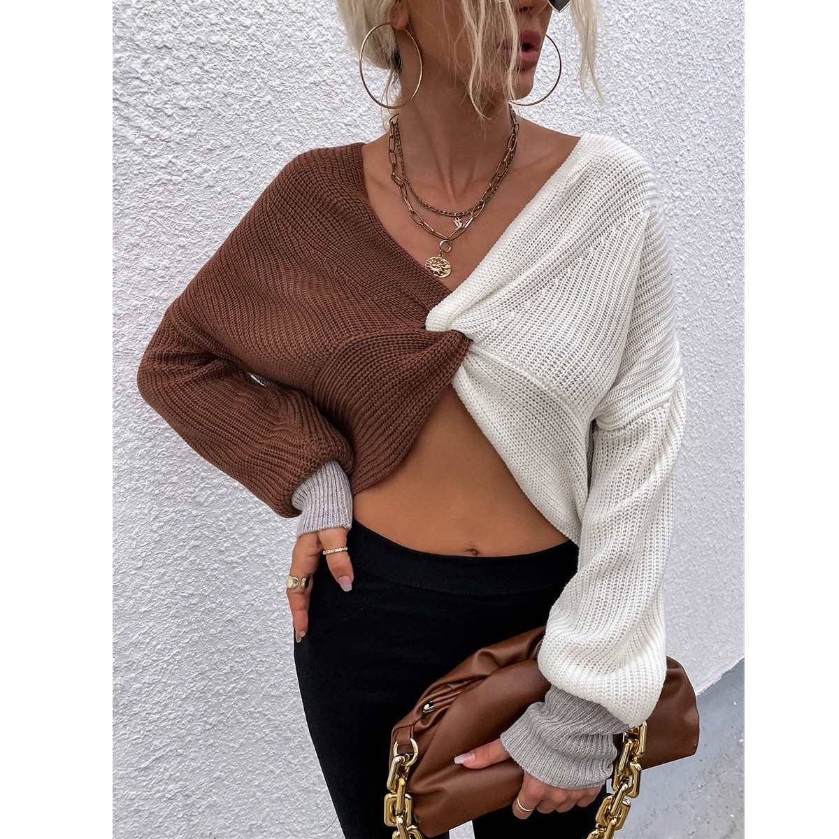 2022 Autumn Women’s INS Knot Patchwork Crop Navel V-neck Pullover Sweater alx