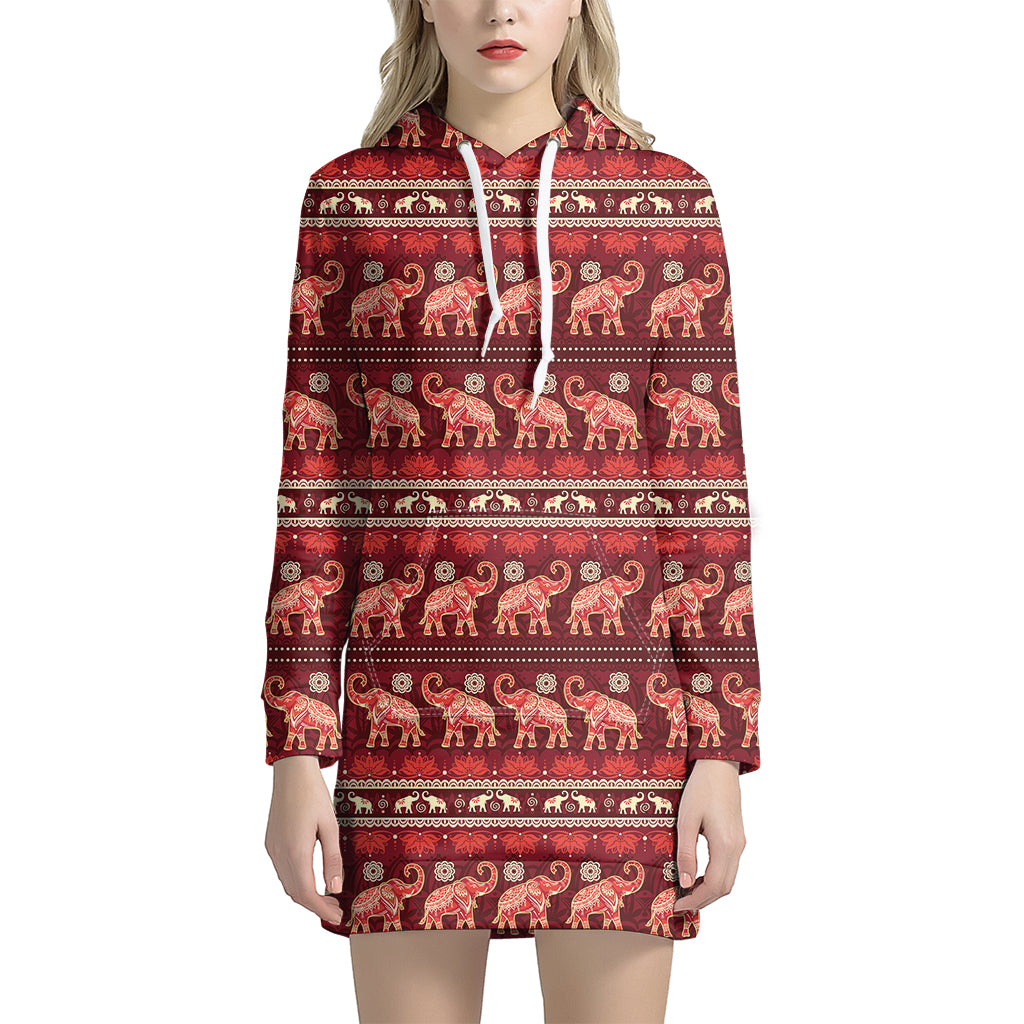 Red Indian Elephant Pattern Print Women’S Pullover Hoodie Dress