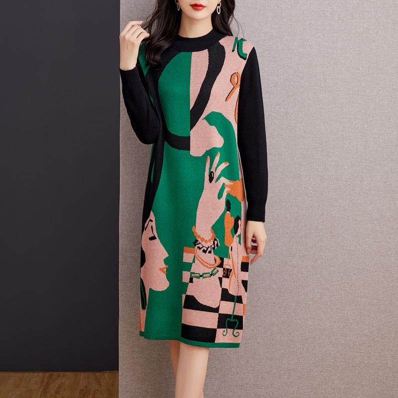 Autumn Winter Knitted Cotton Floral Midi Dress Women Thick Warm Korean Vintage Pullovers 2022 Elegant Bodycon Wool Sweaters alx