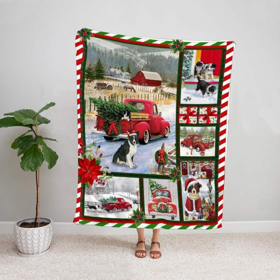 Border collie puppy christmas farmhouse xmas wreath merry christmas red truck fleece blanket/ sherpa blanket