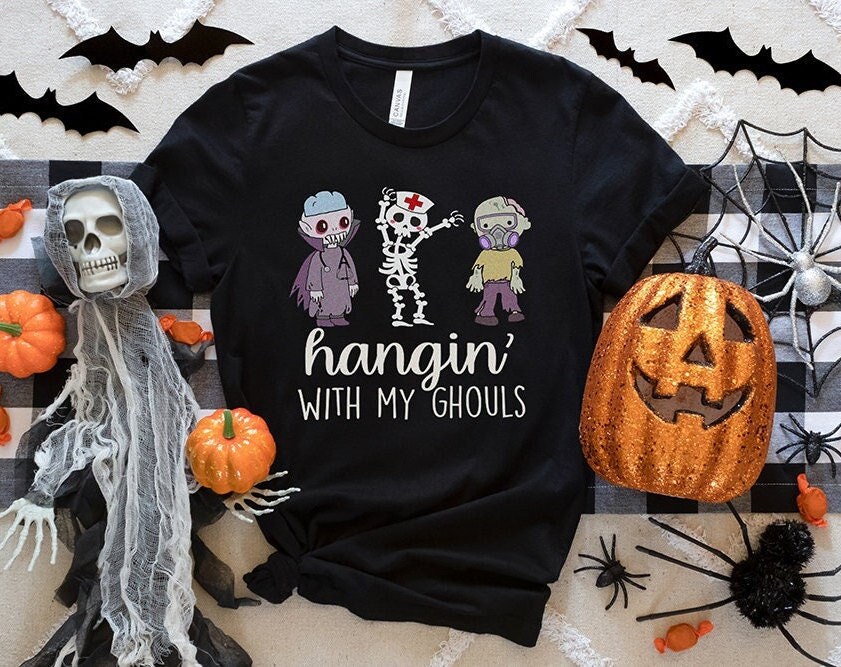 Hangin with my Ghouls Halloween Nurse Shirt – Funny Nursing Medical Aide Spooky T-Shirt Boo Boo Crew Orange Pumpkin Er Rn Tech Icu Tee Gift