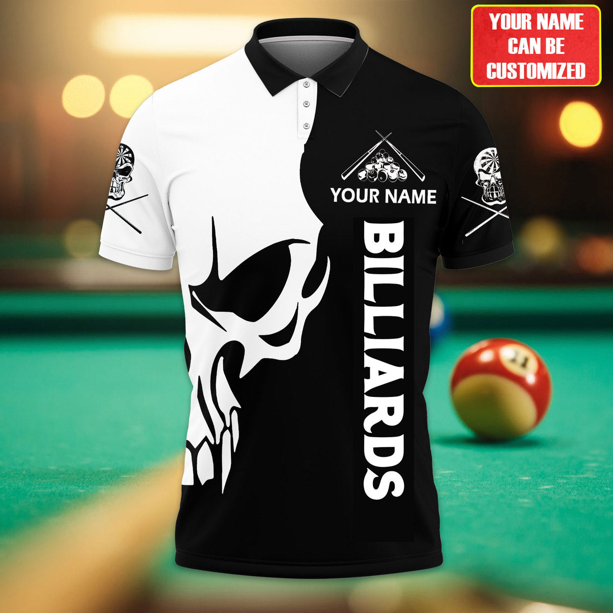 Personalized Name Billiard Skull All Over Printed Polo Shirt, Skull Shirt, Billiard Shirt